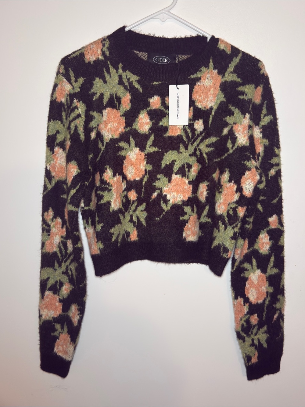 Cider Black Fuzzy Floral Crewneck Sweater with Peach & Olive Accents